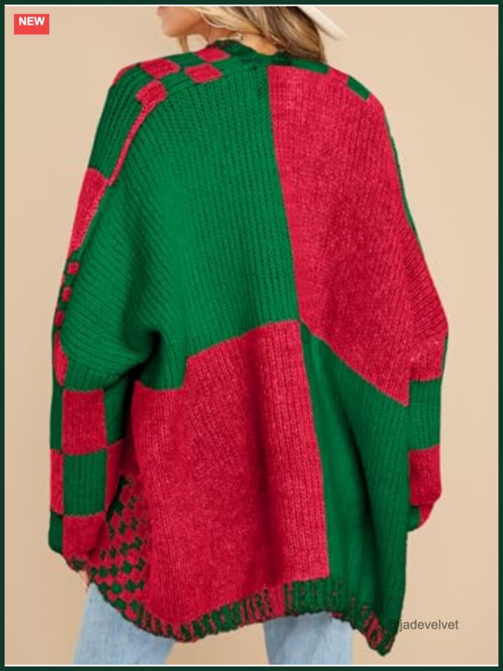 Checkered Oversized Cardigan - Color Block Plaid Knit Open Front Coat - Picture 4 of 6